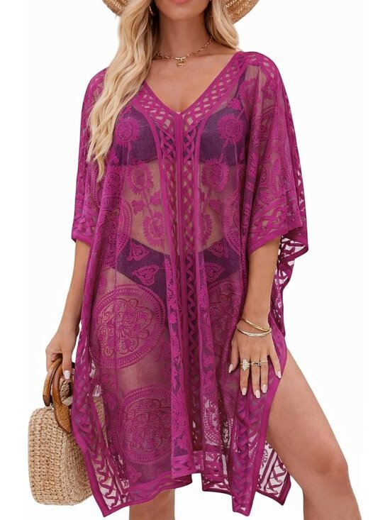 Other - Women's Rose Red Cover Up Bathing Suit V-Neck & half kaftan sleeves